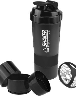 Protein Shaker Bottle Plastic BPA Free 500ml Gym Fitness Sport Water Bottle VIP Classic Leak Proof Shake Bottle Mixer with Pill Tray - Protein Powder 16oz Non Slip Cups with 3in1 Layers | (Black)