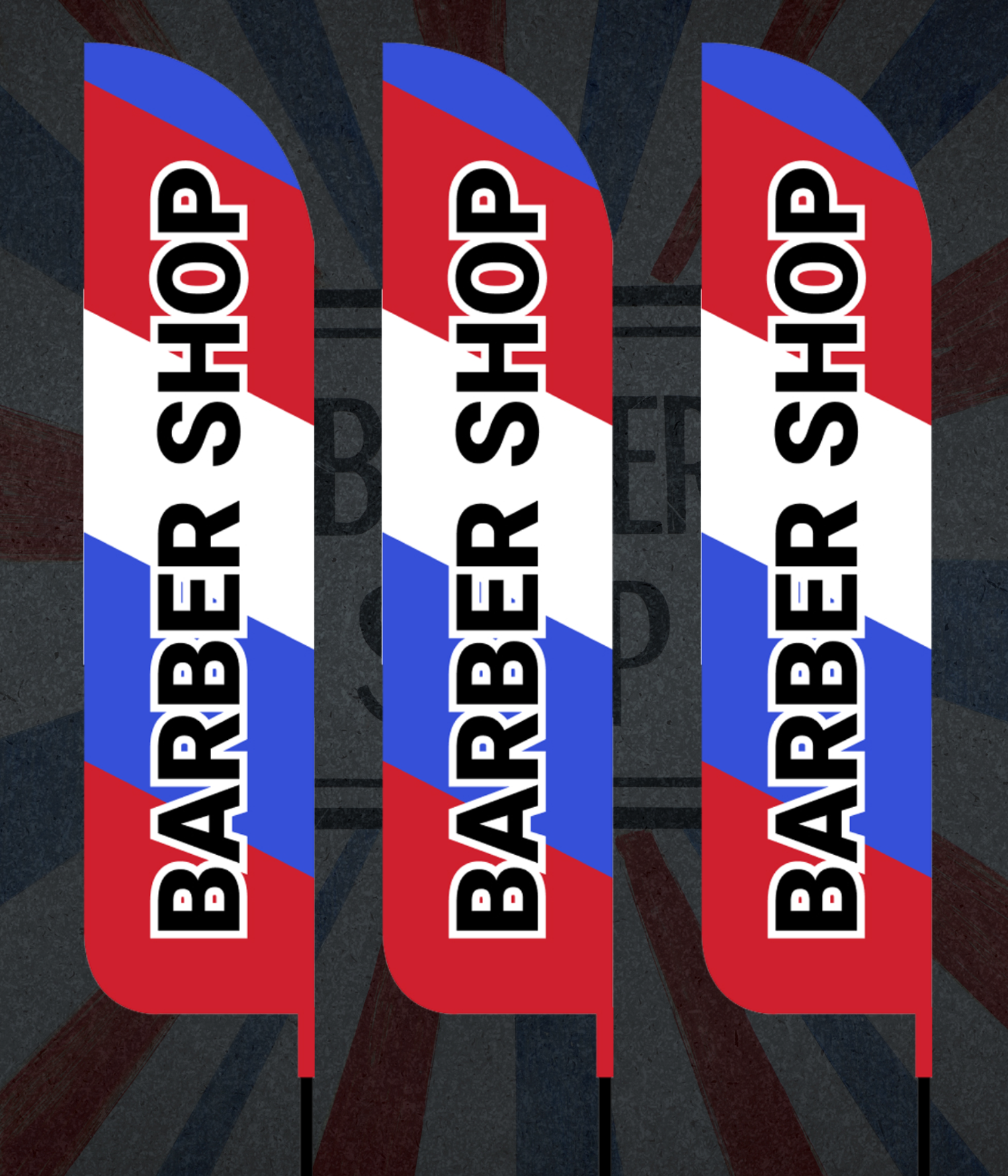barber shop storefront using 12ft feather flags for local advertising