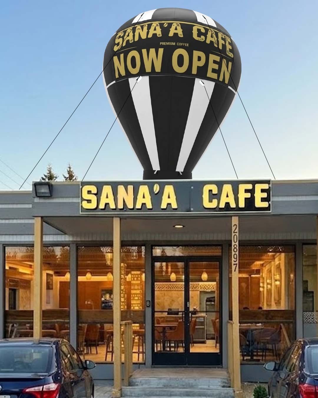 Giant rooftop balloon rental for storefront visibility and grand opening promotion