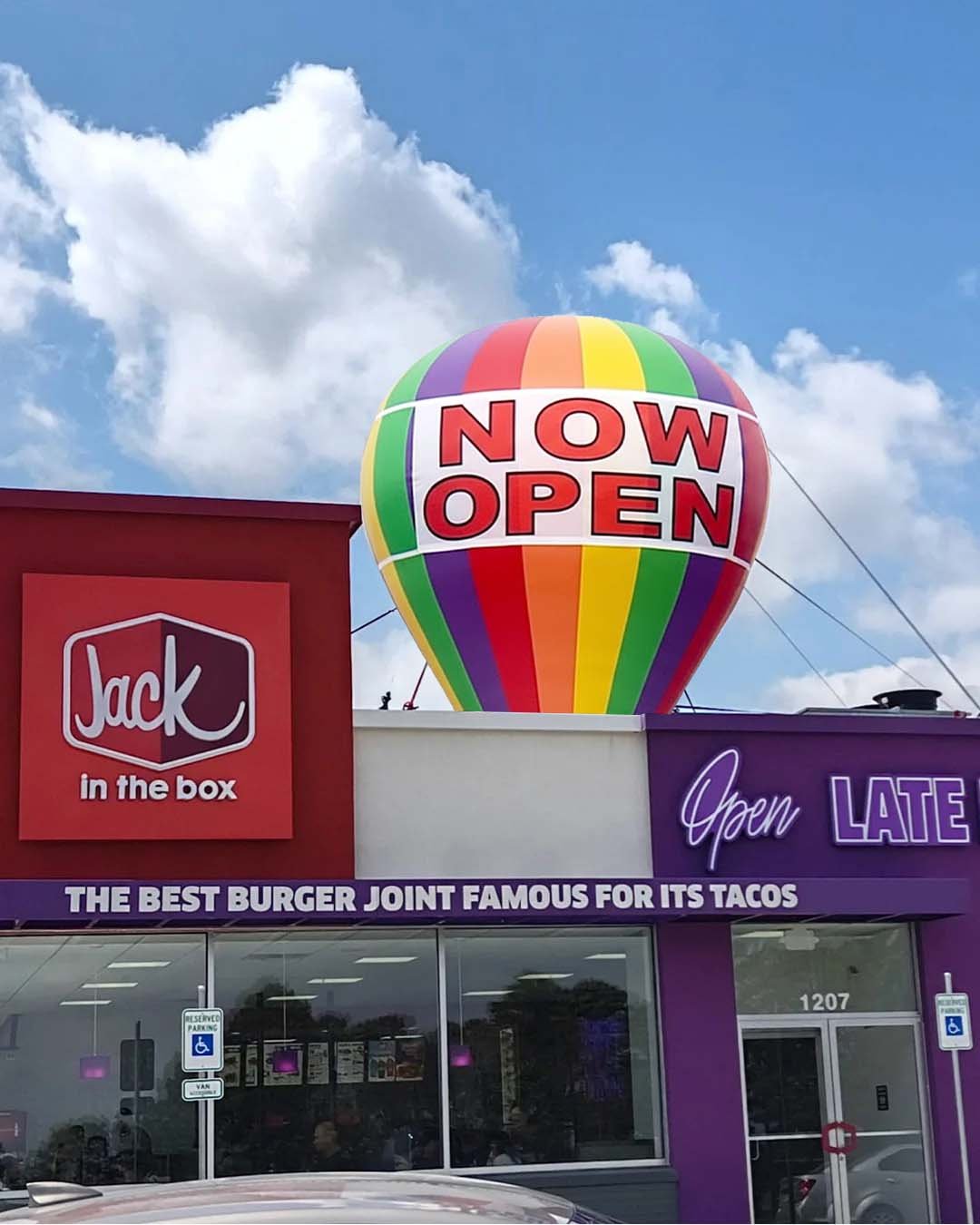 22ft Jack in the Box NOW OPEN rooftop advertising balloon