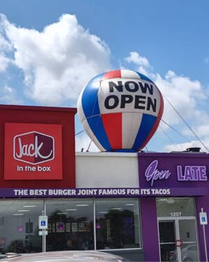 22ft Jack in the Box NOW OPEN rooftop advertising balloon