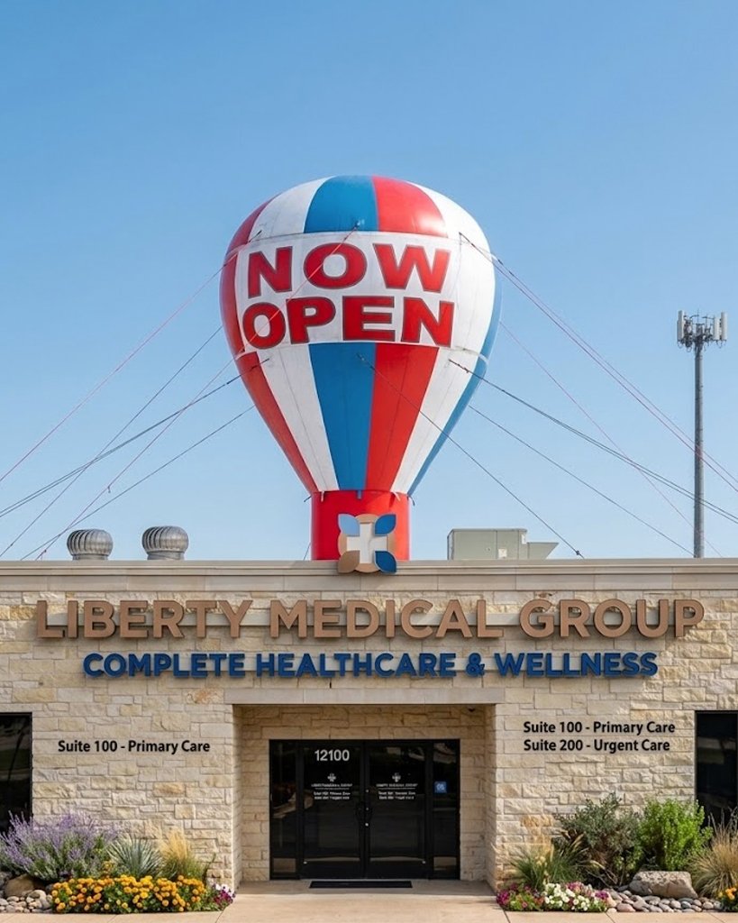 Giant rooftop balloon rental for urgent care clinic visibility and grand opening promotion
